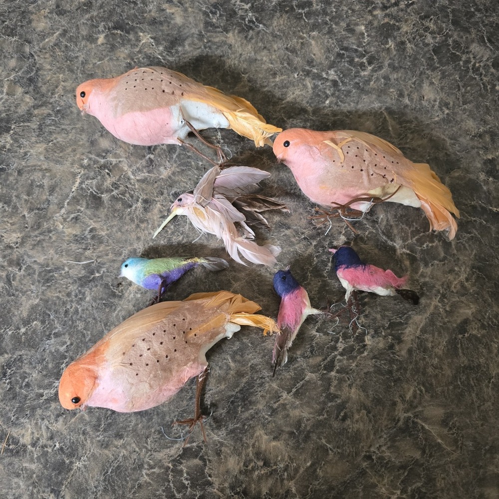 Vintage Spun Cotton Feather Birds Lot of‎ 7 Pink Blue Decorative Ornaments